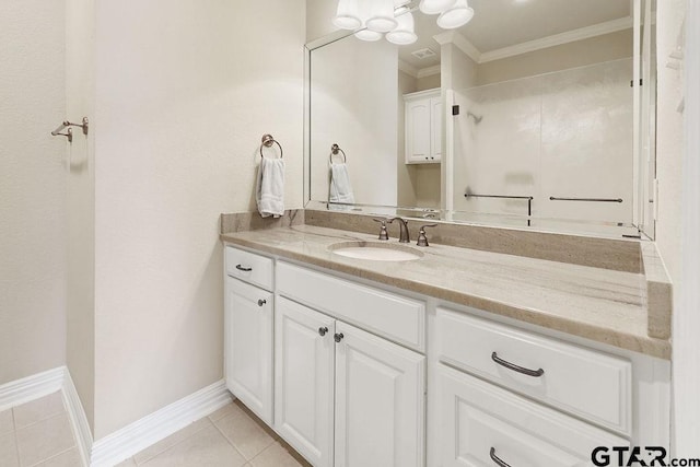 302 Coventry St, Bullard, TX 75757 - bathroom featuring crown molding, vanity, tile patterned flooring, and a shower