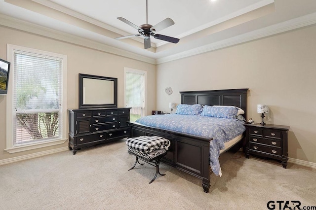 302 Coventry St, Bullard, TX 75757 - bedroom featuring a raised ceiling, light colored carpet, ornamental molding, and ceiling fan