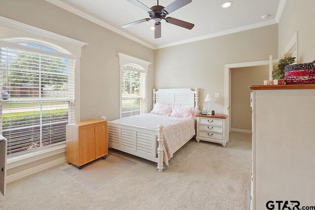 302 Coventry St, Bullard, TX 75757 - bedroom with light colored carpet, ornamental molding, recessed lighting, and a ceiling fan