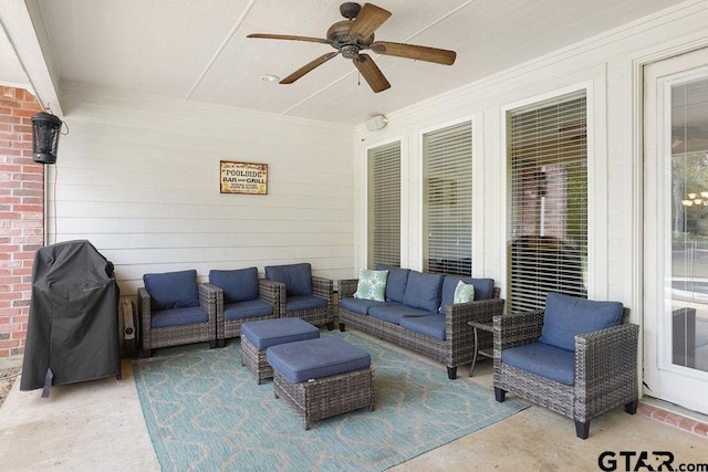 302 Coventry St, Bullard, TX 75757 - view of patio featuring a ceiling fan, an outdoor hangout area, and grilling area