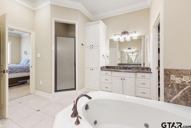 302 Coventry St, Bullard, TX 75757 - bathroom with a tub with jets, a stall shower, vanity, ensuite bath, and ornamental molding