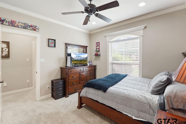 302 Coventry St, Bullard, TX 75757 - bedroom featuring light carpet, crown molding, recessed lighting, and a ceiling fan