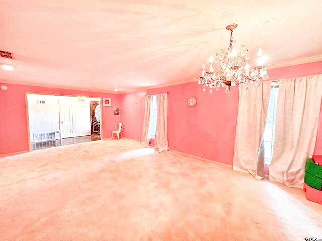 13909 Joe B Fulgham Cir, Brownsboro, TX 75756 - empty room featuring a chandelier, plenty of natural light, ornamental molding, carpet, and baseboards