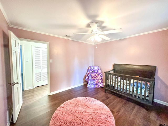 13909 Joe B Fulgham Cir, Brownsboro, TX 75756 - bedroom with wood finished floors, baseboards, crown molding, and ceiling fan