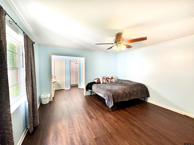 13909 Joe B Fulgham Cir, Brownsboro, TX 75756 - bedroom with wood finished floors, crown molding, baseboards, and a ceiling fan