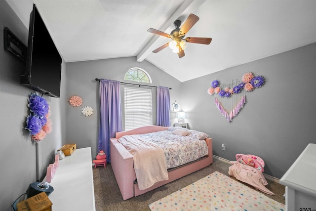 carpeted bedroom featuring ceiling fan, lofted ceiling with beams, and baseboards