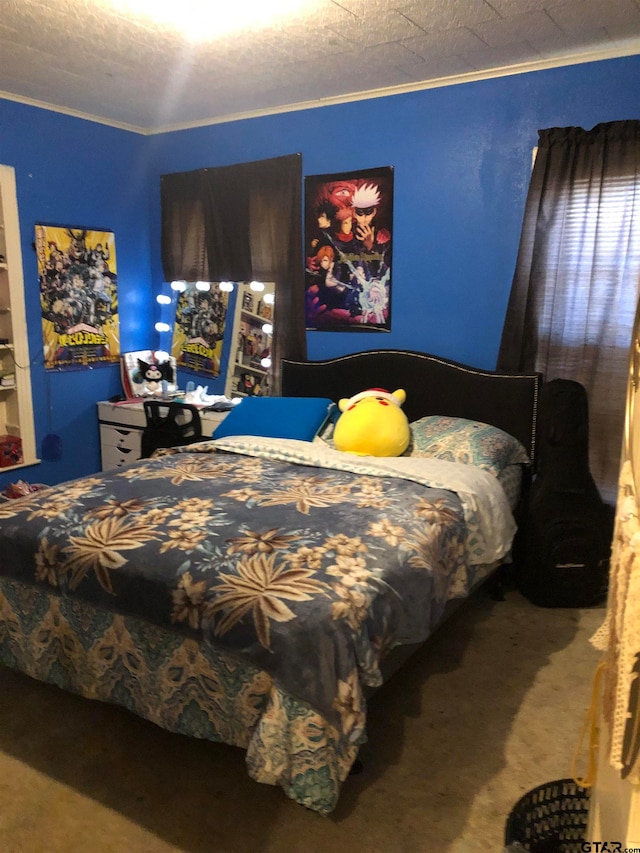 carpeted bedroom featuring a textured ceiling and ornamental molding