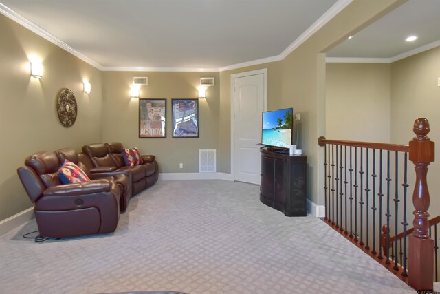 interior space with carpet floors and crown molding