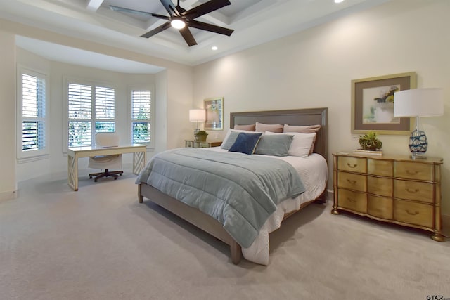 bedroom featuring ceiling fan and light carpet