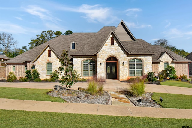 french provincial home with a front yard