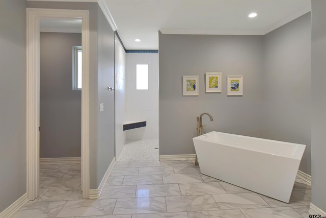 bathroom featuring separate shower and tub and crown molding