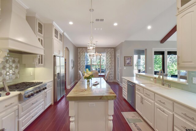 kitchen featuring sink, stainless steel appliances, dark hardwood / wood-style flooring, premium range hood, and a kitchen island