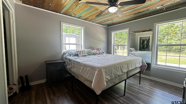 bedroom featuring dark wood-type flooring, ceiling fan, and multiple windows