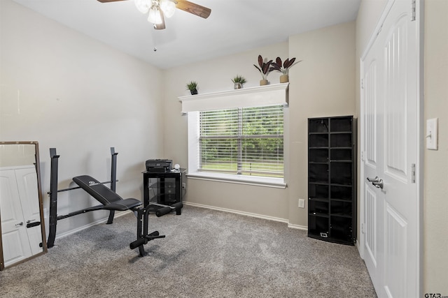 18313 Highmeadow Cir, Flint, TX 75762 - workout area featuring ceiling fan, carpet, and baseboards