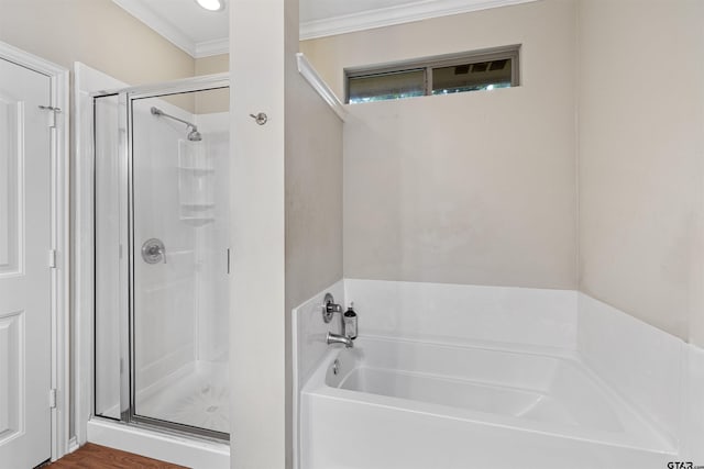 18313 Highmeadow Cir, Flint, TX 75762 - bathroom with a garden tub, crown molding, and a shower stall