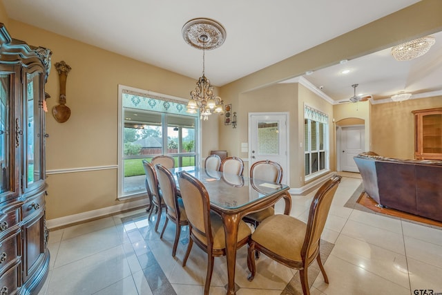 3072 Yasmeen Cir, Flint, TX 75762 - dining room featuring light tile patterned flooring, a chandelier, baseboards, arched walkways, and ornamental molding
