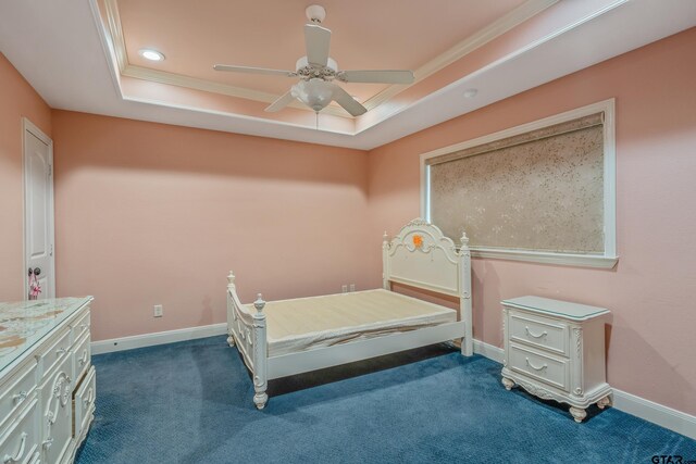 3072 Yasmeen Cir, Flint, TX 75762 - bedroom with a tray ceiling, dark colored carpet, baseboards, crown molding, and ceiling fan