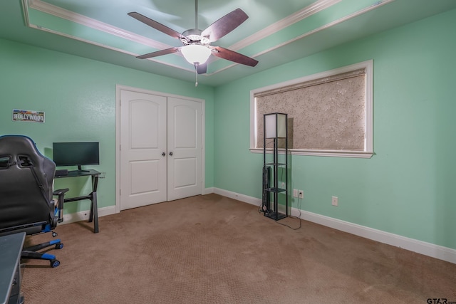 3072 Yasmeen Cir, Flint, TX 75762 - carpeted home office with a ceiling fan, baseboards, and ornamental molding