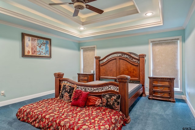 3072 Yasmeen Cir, Flint, TX 75762 - bedroom with dark colored carpet, a tray ceiling, ornamental molding, baseboards, and ceiling fan