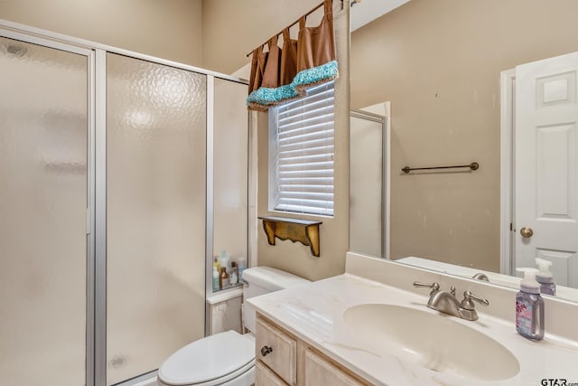 bathroom with vanity, an enclosed shower, and toilet