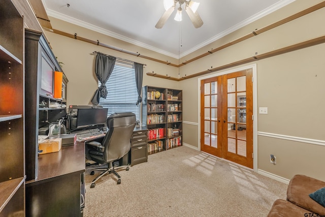 home office with crown molding, light carpet, ceiling fan, and french doors