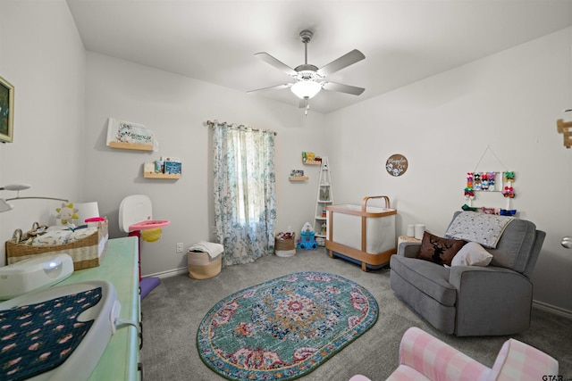 rec room featuring ceiling fan and carpet