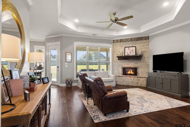 living room featuring a raised ceiling, ornamental molding, and dark wood-type flooring