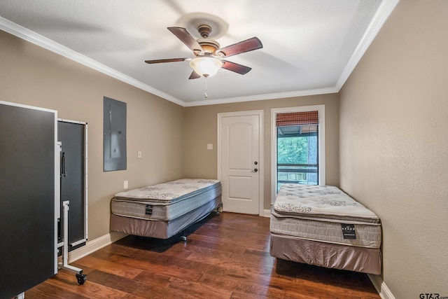 1638 E Tanglewood Dr, Hideaway, TX 75771 - bedroom with electric panel, wood finished floors, baseboards, ceiling fan, and ornamental molding