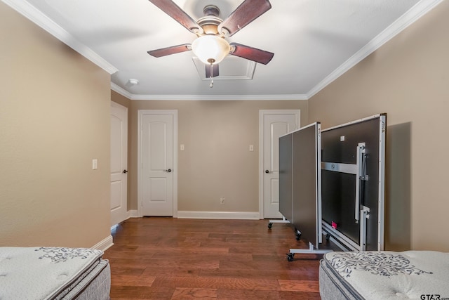 1638 E Tanglewood Dr, Hideaway, TX 75771 - interior space with baseboards, crown molding, ceiling fan, and dark wood-style flooring