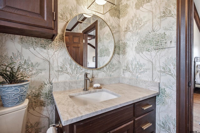 bathroom featuring hardwood / wood-style floors, vanity, and toilet