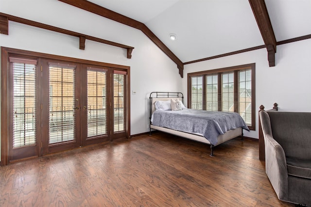 unfurnished bedroom featuring french doors, access to outside, dark hardwood / wood-style floors, and vaulted ceiling