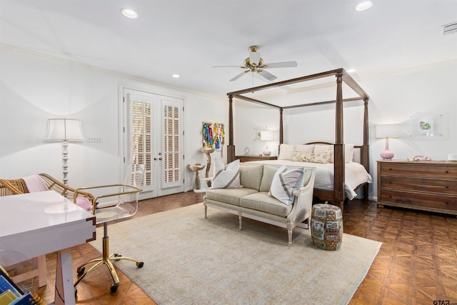 bedroom featuring ornamental molding, ceiling fan, access to exterior, dark parquet floors, and french doors