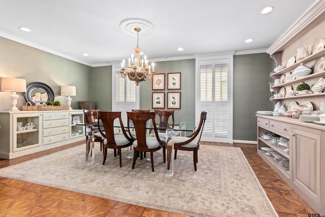 dining space featuring a notable chandelier, crown molding, and dark parquet floors