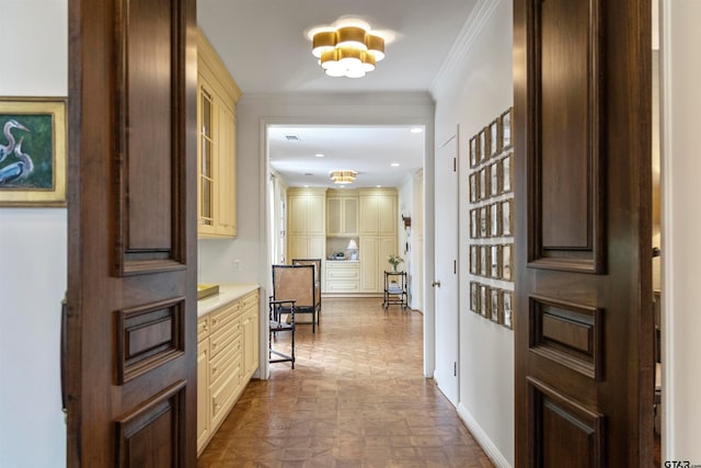 hallway featuring crown molding