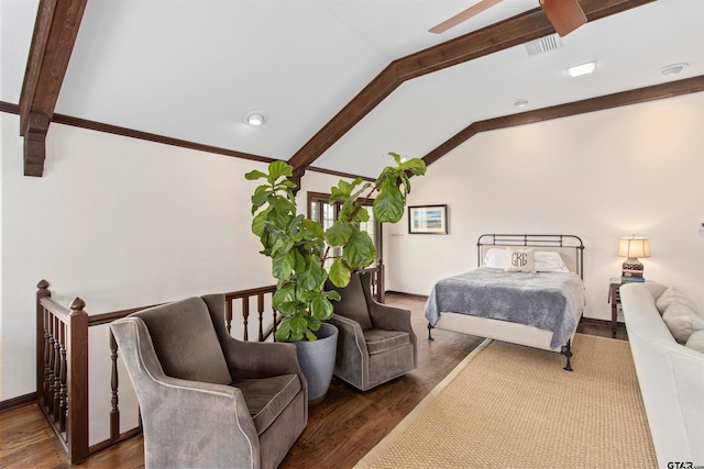 bedroom featuring dark wood-type flooring and lofted ceiling with beams