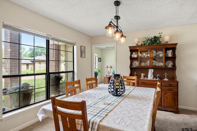 dining room with light carpet, a textured ceiling, and baseboards
