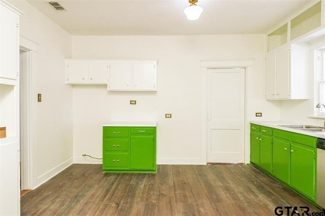 kitchen with white cabinets, dark hardwood / wood-style floors, green cabinetry, and sink