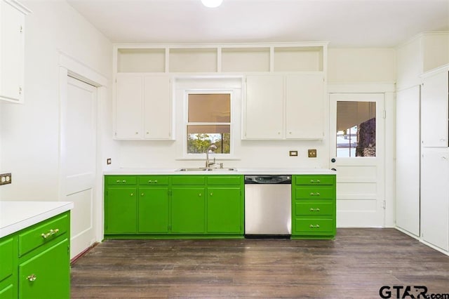 kitchen with dishwasher, dark hardwood / wood-style flooring, sink, and green cabinetry