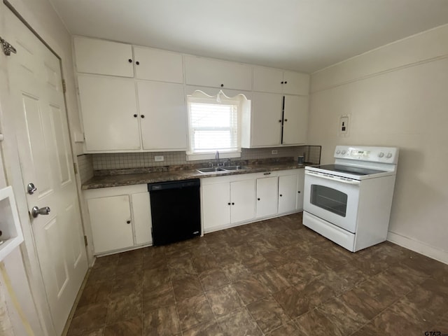 kitchen featuring white range with electric stovetop, black dishwasher, a sink, and dark countertops