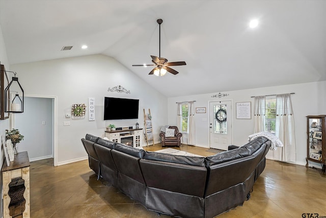 living room featuring high vaulted ceiling and ceiling fan