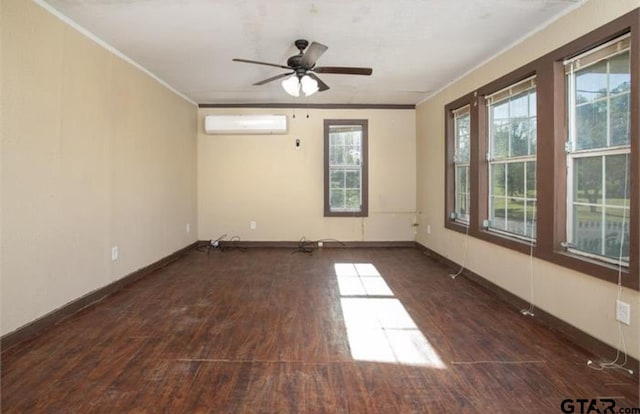 2709 Walton Rd, Tyler, TX 75701 - empty room with a wall mounted AC, wood finished floors, a ceiling fan, and ornamental molding