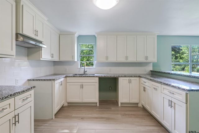 kitchen with light stone countertops, light hardwood / wood-style floors, white cabinets, and sink