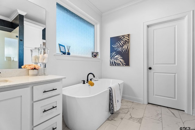 bathroom with vanity, crown molding, and a tub