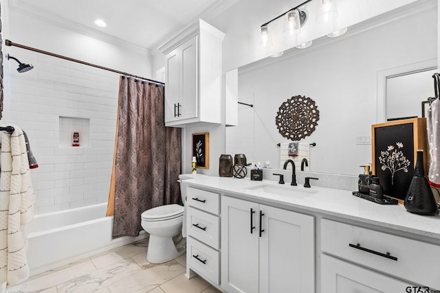 full bathroom with crown molding, vanity, shower / tub combo, and toilet