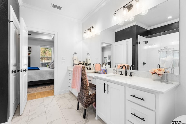 bathroom featuring crown molding, vanity, hardwood / wood-style flooring, and walk in shower