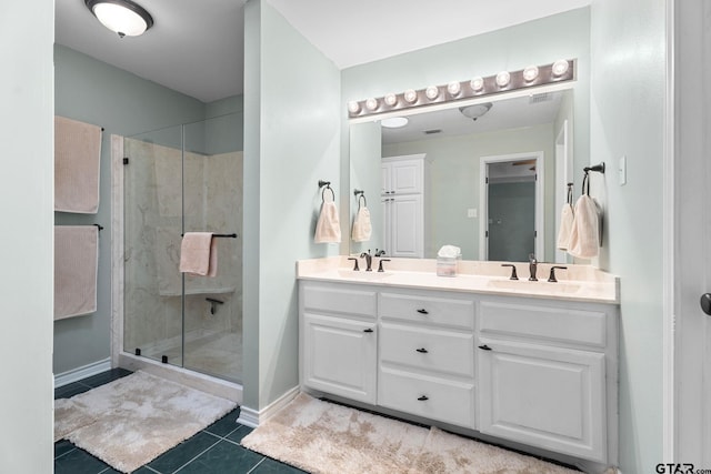 bathroom with tile patterned flooring, vanity, and a shower with shower door