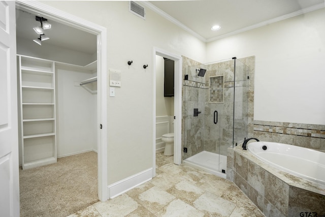 409 Rosebrook Cir, Whitehouse, TX 75791 - full bathroom with a stall shower, a bath, a spacious closet, and ornamental molding