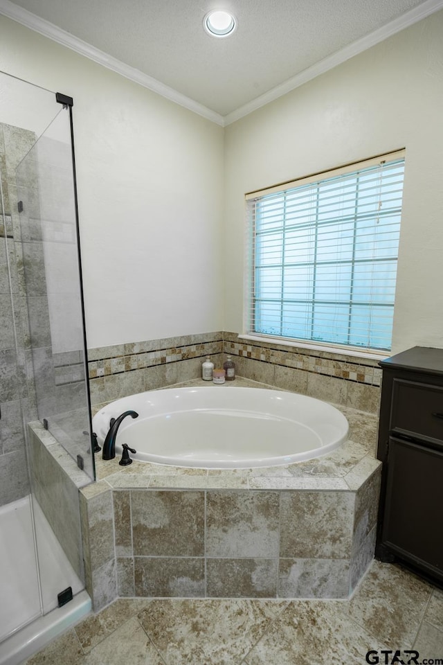 409 Rosebrook Cir, Whitehouse, TX 75791 - full bathroom featuring a garden tub, crown molding, a stall shower, and vanity