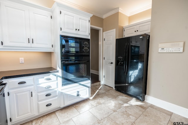 kitchen with white cabinetry, ornamental molding, and black appliances