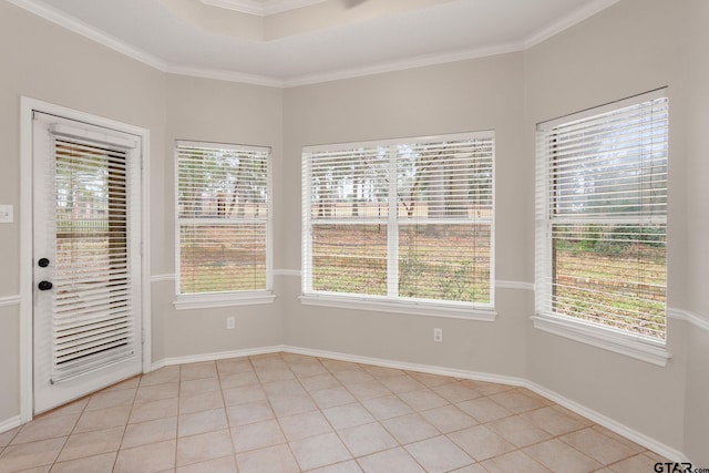 tiled empty room featuring ornamental molding, a raised ceiling, and a healthy amount of sunlight